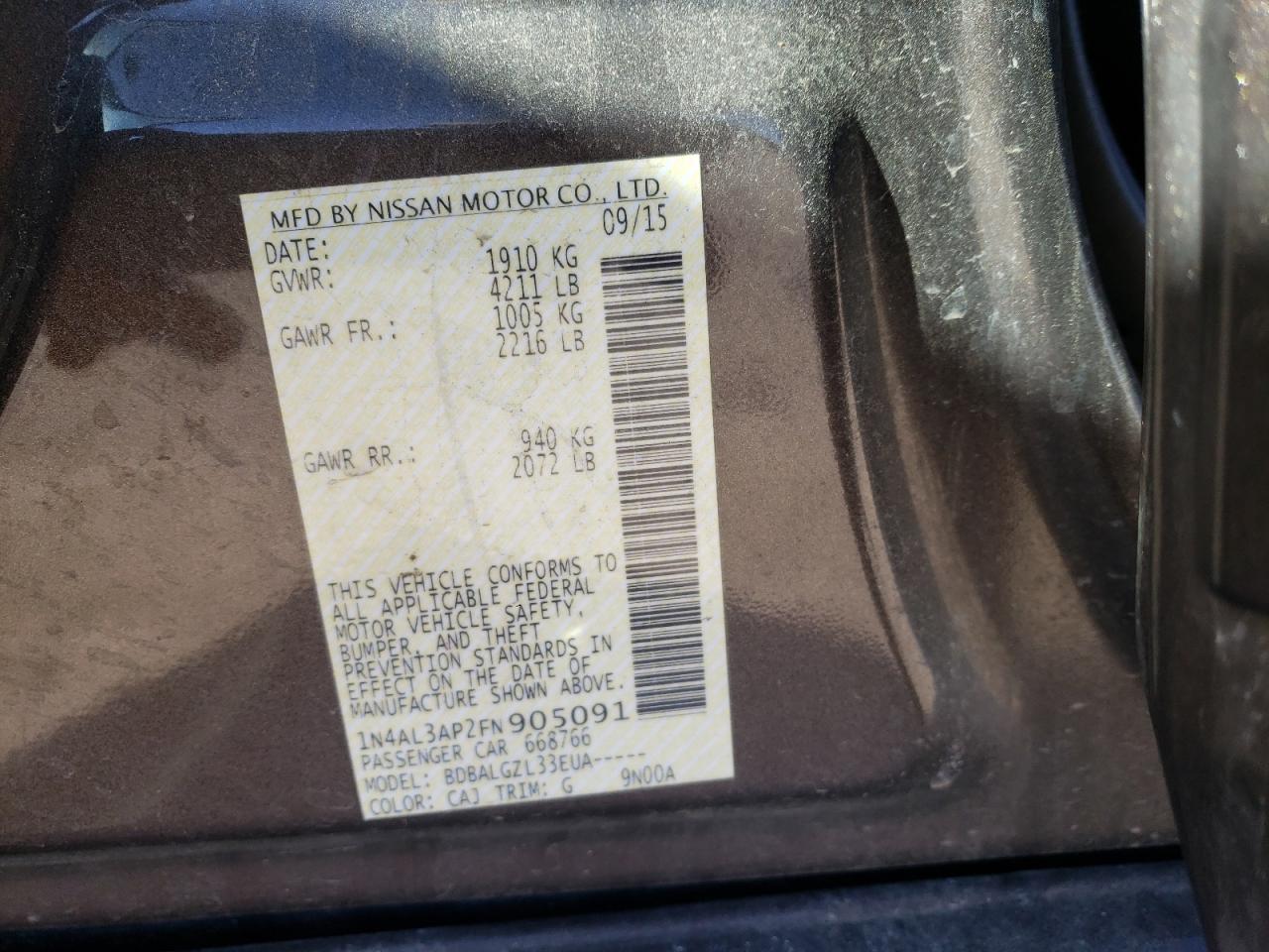 Photo 10 from auction – 2015 NISSAN ALTIMA 2.5 with VIN 1N4AL3AP2FN905091