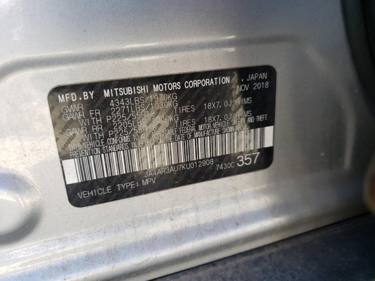 Photo 10 from auction – 2019 MITSUBISHI OUTLANDER with VIN JA4AR3AU7KU012908