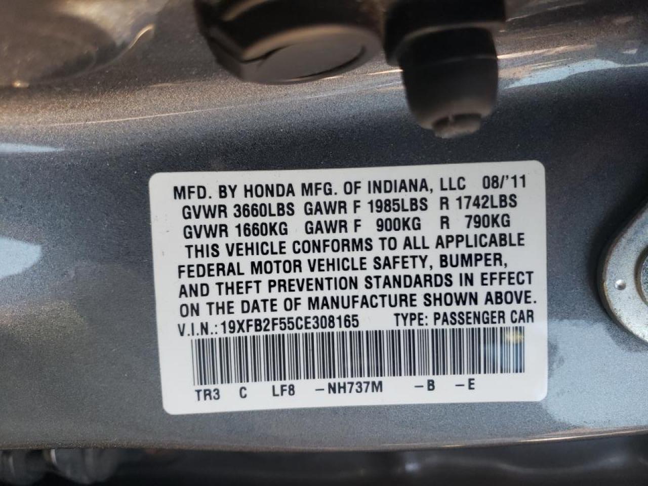 Photo 10 from auction – 2012 HONDA CIVIC LX with VIN 19XFB2F55CE308165