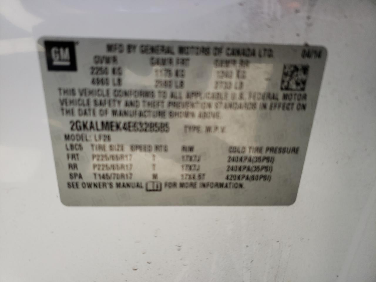 Photo 10 from auction – 2014 GMC TERRAIN SL with VIN 2GKALMEK4E6328585