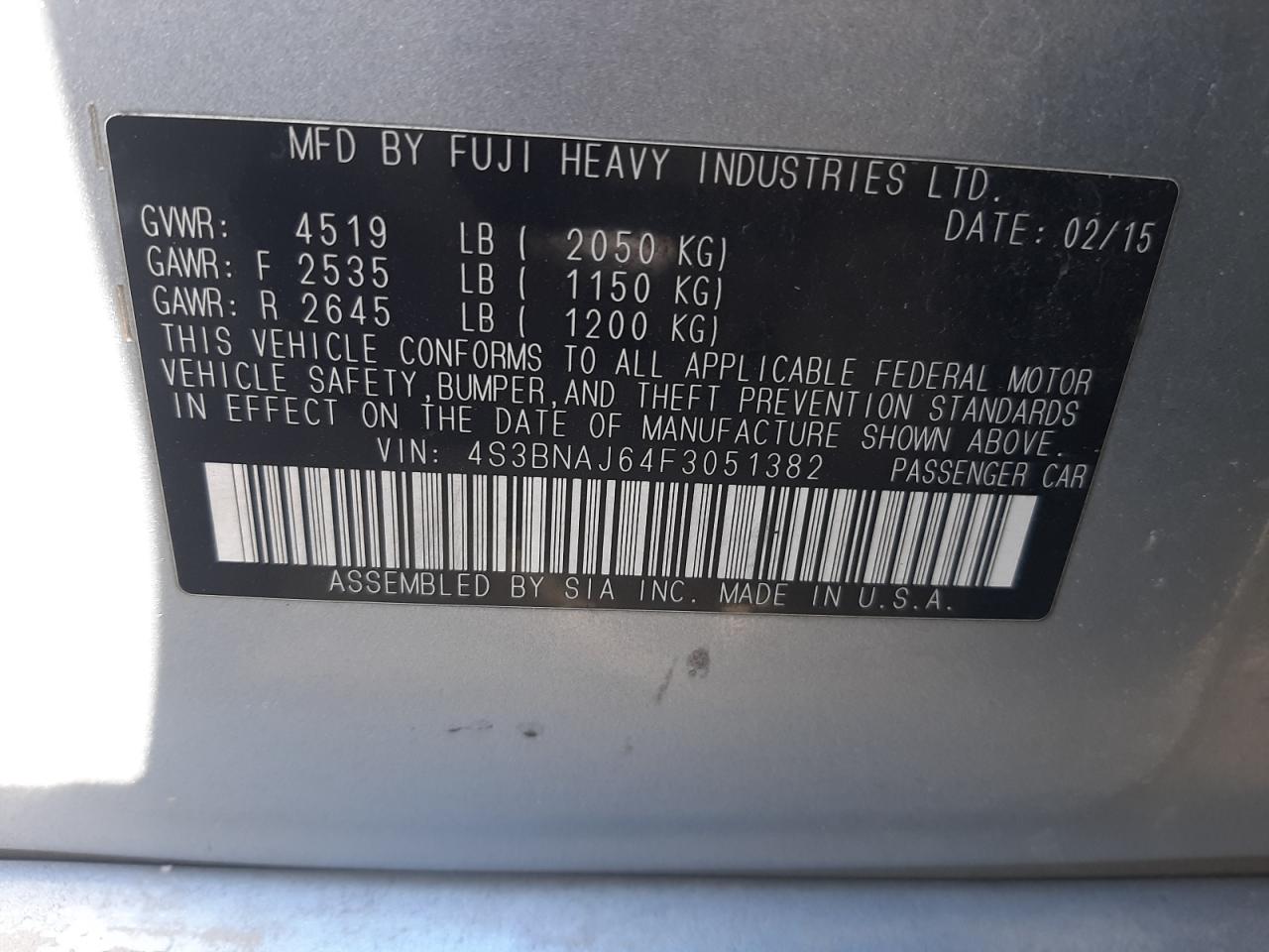 Photo 10 from auction – 2015 SUBARU LEGACY 2.5 with VIN 4S3BNAJ64F3051382