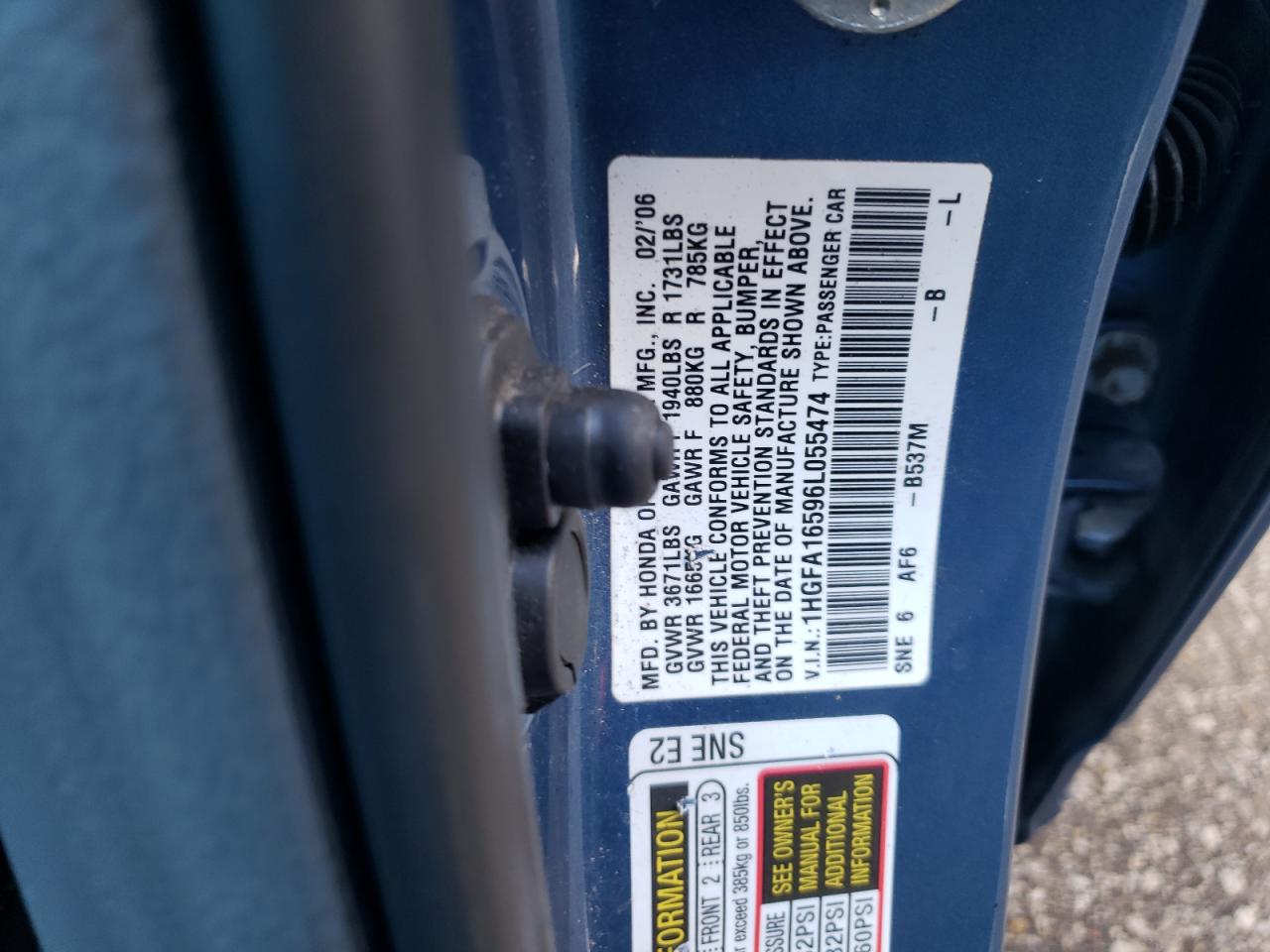 Photo 10 from auction – 2006 HONDA CIVIC LX with VIN 1HGFA16596L055474