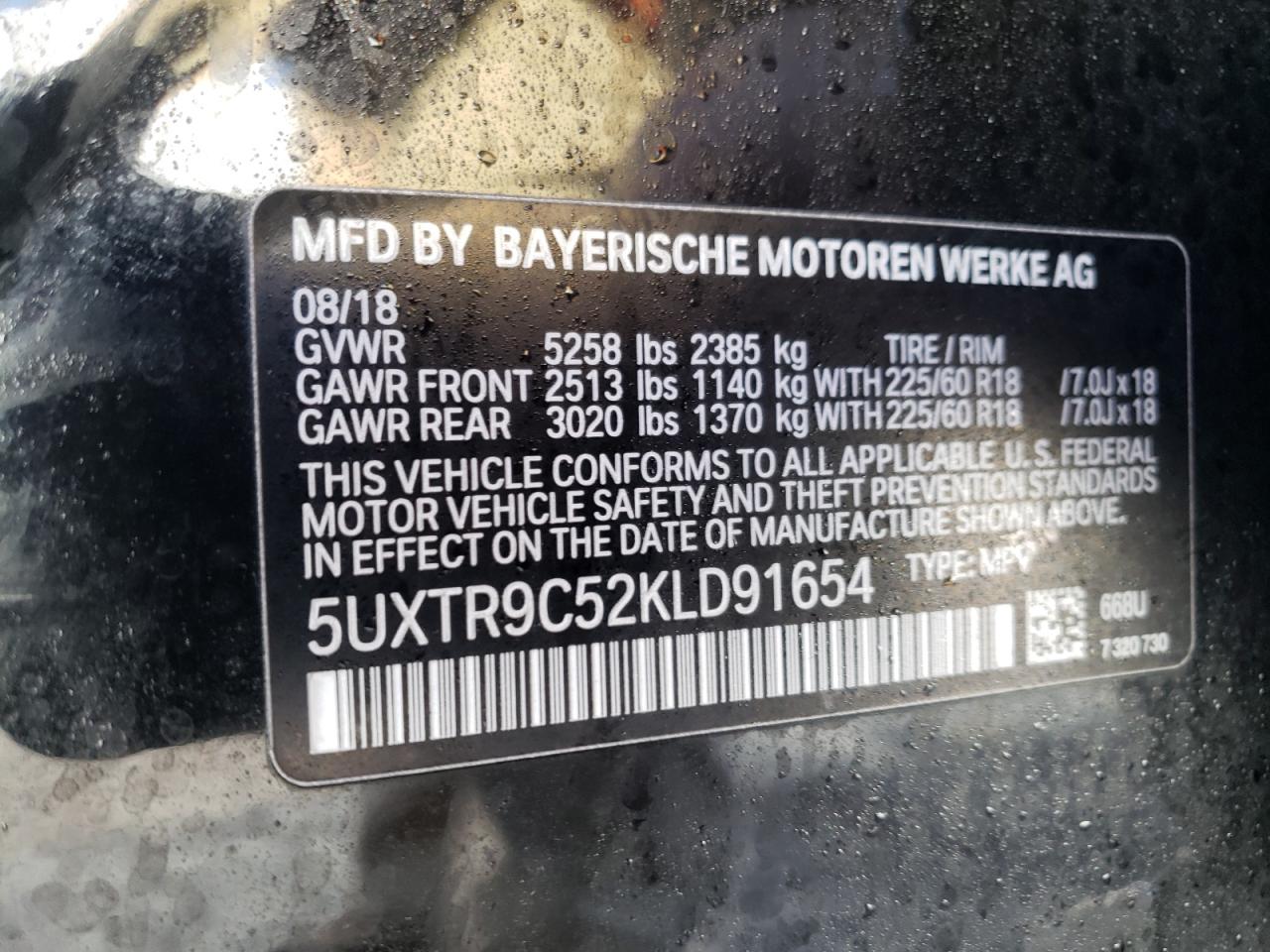 Photo 10 from auction – 2019 BMW X3 XDRIVE3 with VIN 5UXTR9C52KLD91654