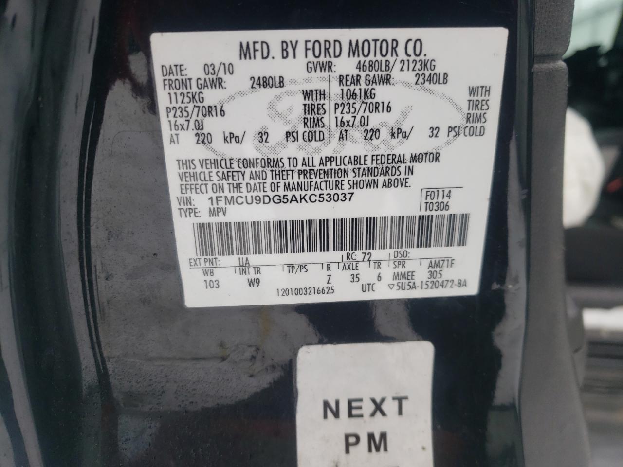 Photo 10 from auction – 2010 FORD ESCAPE XLT with VIN 1FMCU9DG5AKC53037