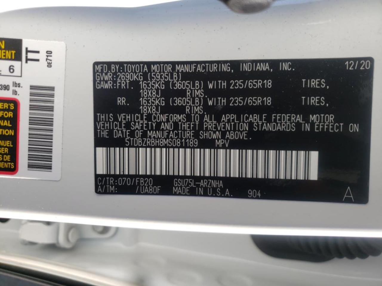 Photo 10 from auction – 2021 TOYOTA HIGHLANDER with VIN 5TDBZRBH8MS081189