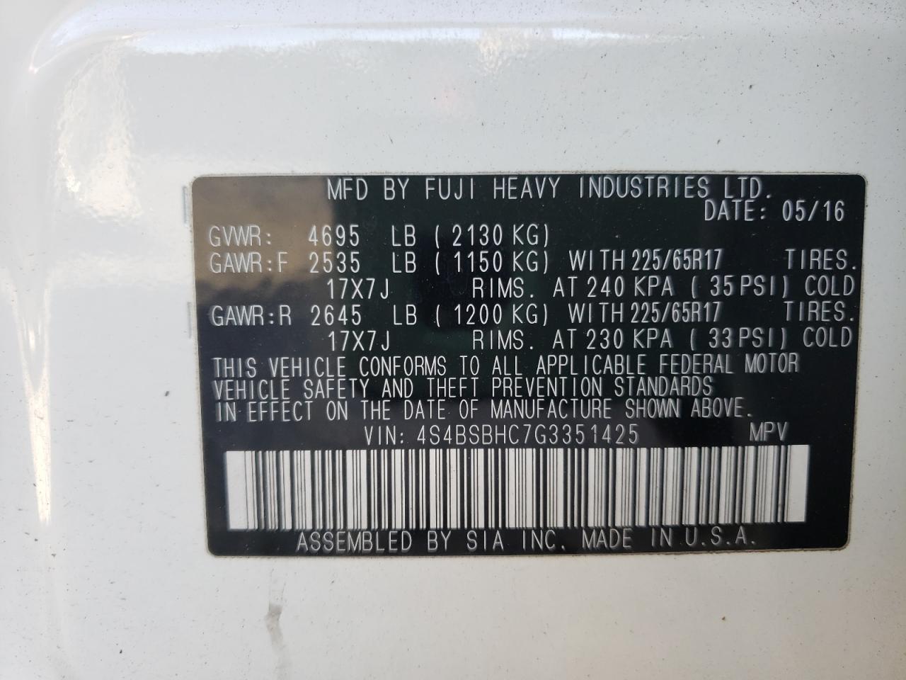 Photo 10 from auction – 2016 SUBARU OUTBACK 2. with VIN 4S4BSBHC7G3351425