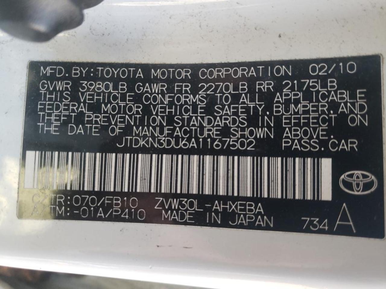 Photo 10 from auction – 2010 TOYOTA PRIUS with VIN JTDKN3DU6A1167502