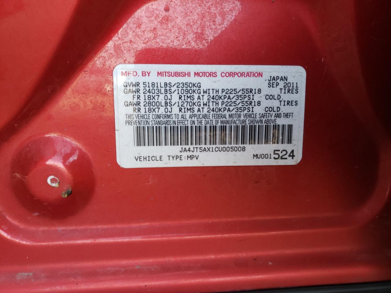 Photo 10 from auction – 2012 MITSUBISHI OUTLANDER with VIN JA4JT5AX1CU005008
