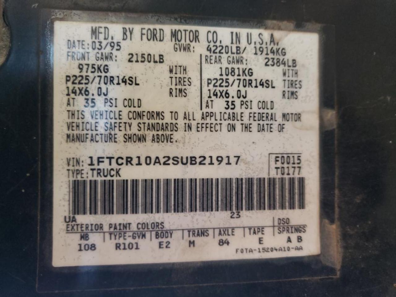 Photo 10 from auction – 1995 FORD RANGER with VIN 1FTCR10A2SUB21917