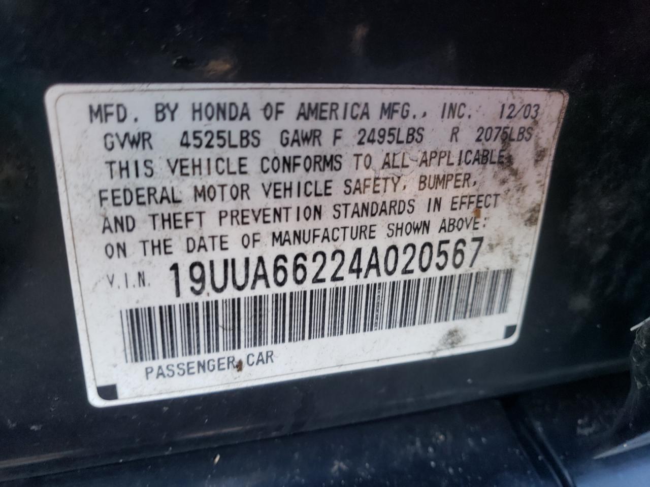 Photo 10 from auction – 2004 ACURA TL with VIN 19UUA66224A020567
