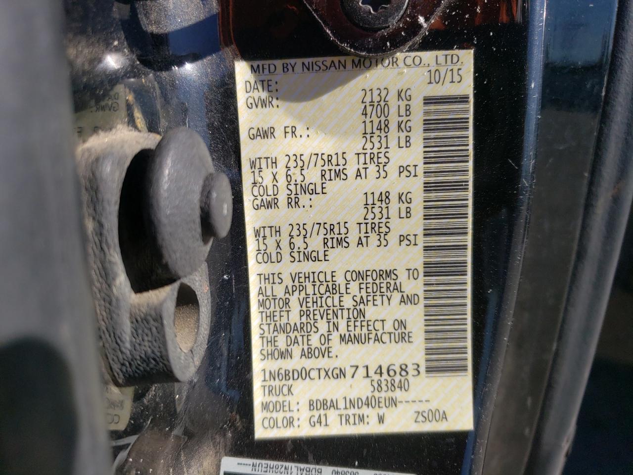 Photo 10 from auction – 2016 NISSAN FRONTIER S with VIN 1N6BD0CTXGN714683