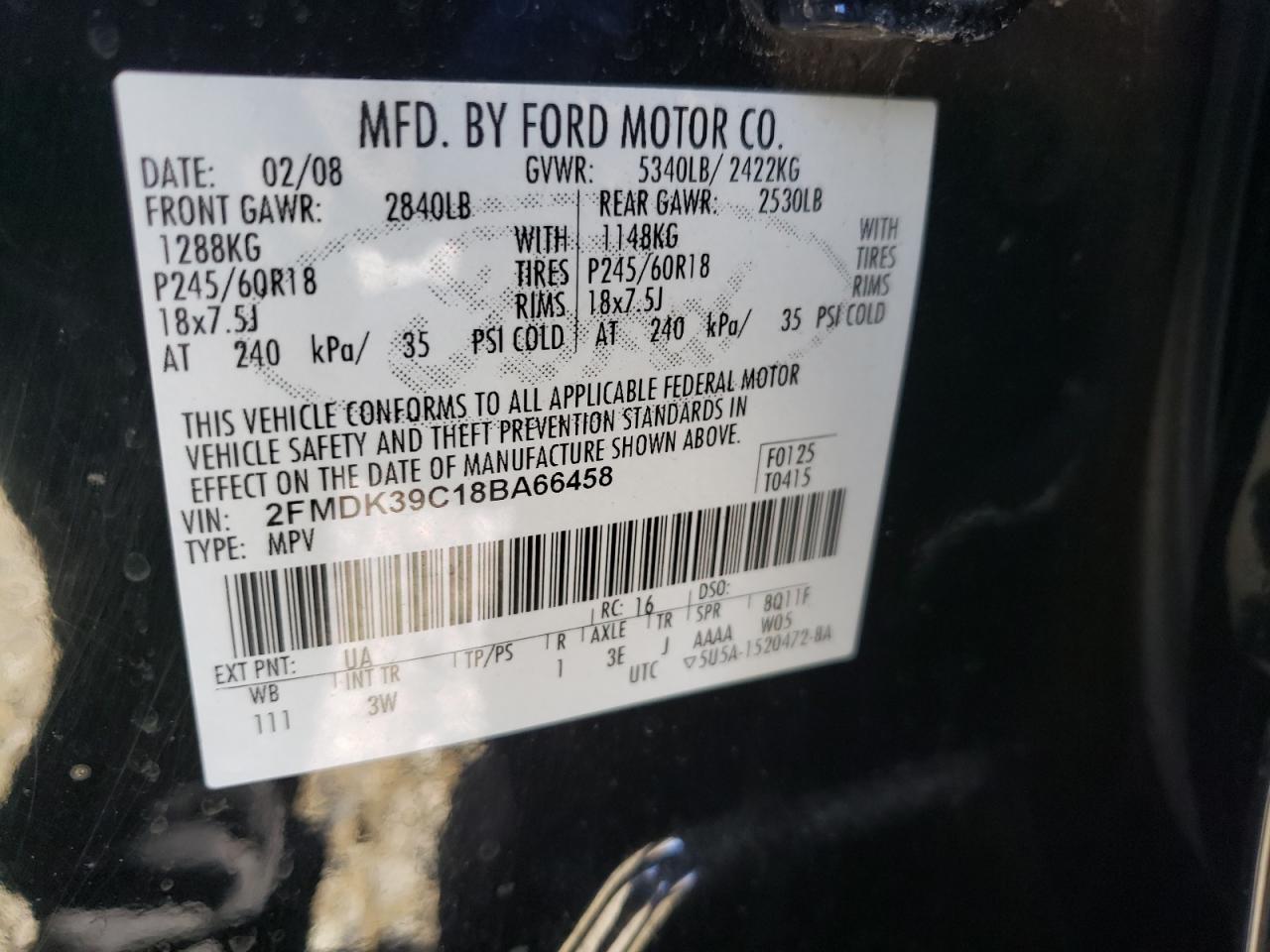 Photo 10 from auction – 2008 FORD EDGE LIMIT with VIN 2FMDK39C18BA66458