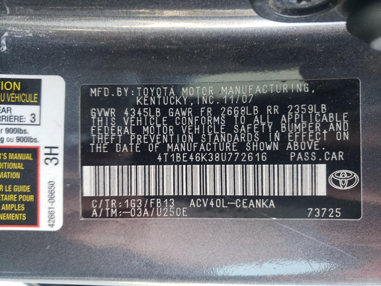 Photo 10 from auction – 2008 TOYOTA CAMRY CE with VIN 4T1BE46K38U772616