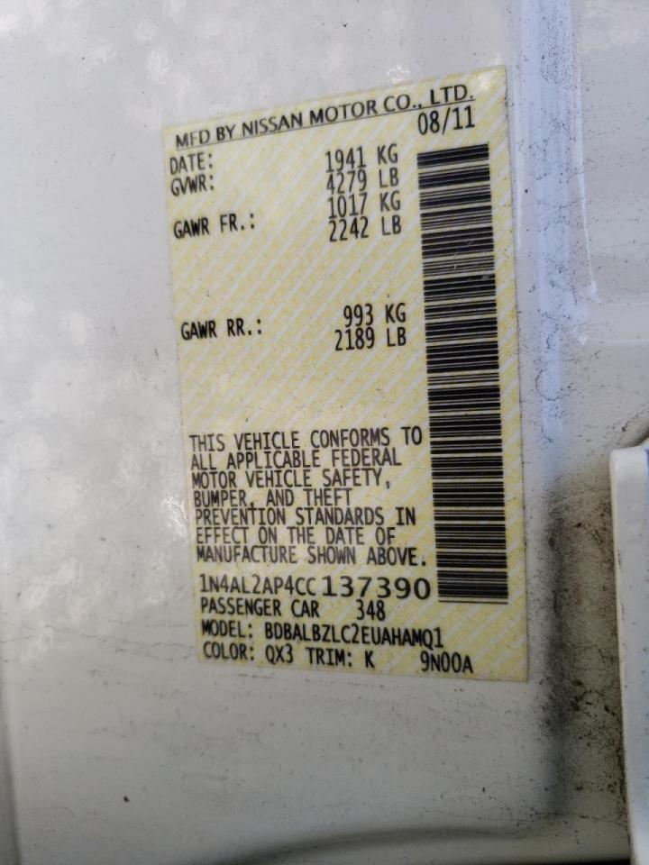Photo 10 from auction – 2012 NISSAN ALTIMA BAS with VIN 1N4AL2AP4CC137390