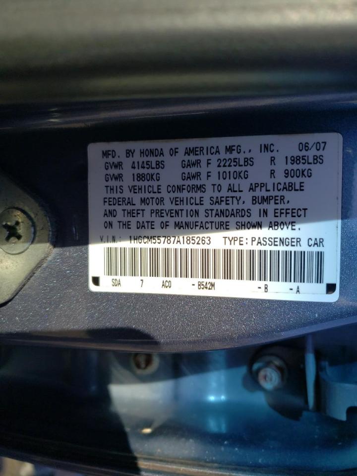 Photo 10 from auction – 2007 HONDA ACCORD EX with VIN 1HGCM55787A185263