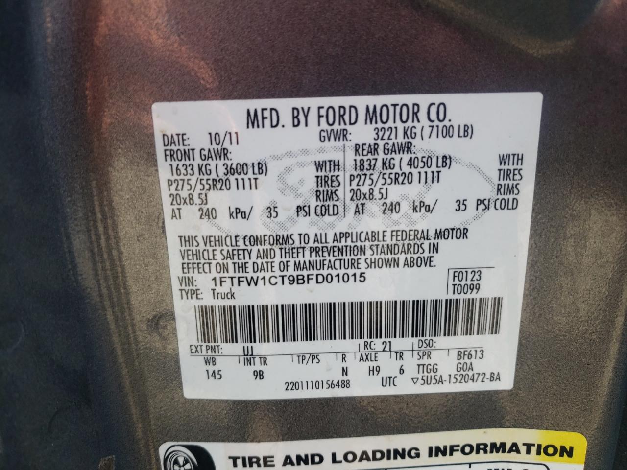 Фото 10 с аукциона – 2011 FORD F150 SUPER с VIN 1FTFW1CT9BFD01015