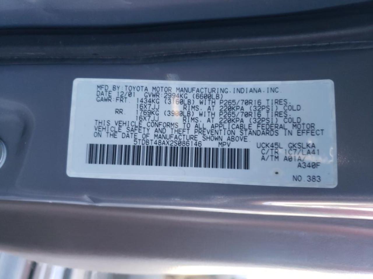Photo 10 from auction – 2002 TOYOTA SEQUOIA LI with VIN 5TDBT48AX2S086146
