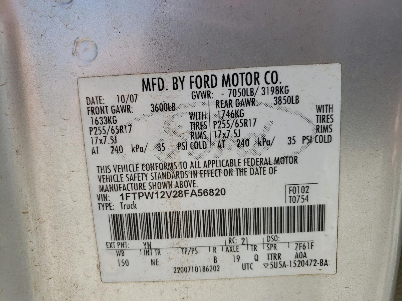 Photo 10 from auction – 2008 FORD F150 SUPER with VIN 1FTPW12V28FA56820