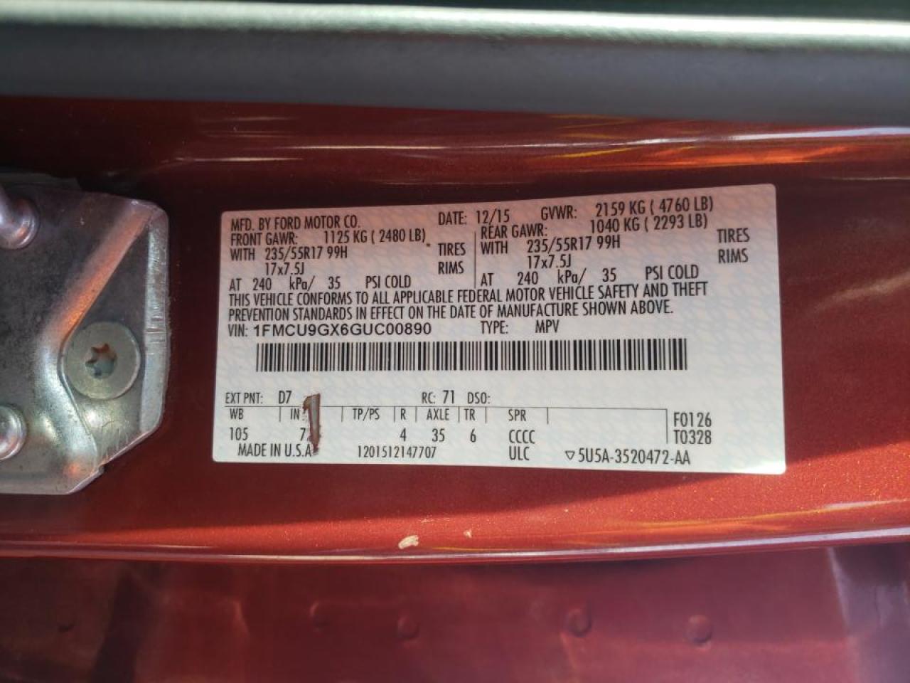 Photo 10 from auction – 2016 FORD ESCAPE SE with VIN 1FMCU9GX6GUC00890