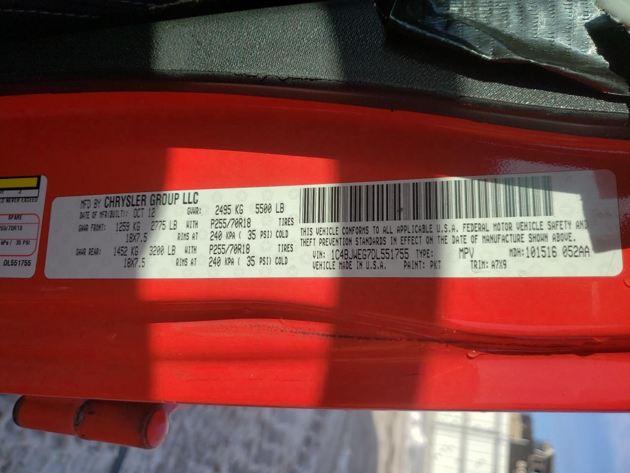 Photo 10 from auction – 2013 JEEP WRANGLER U with VIN 1C4BJWEG7DL551755