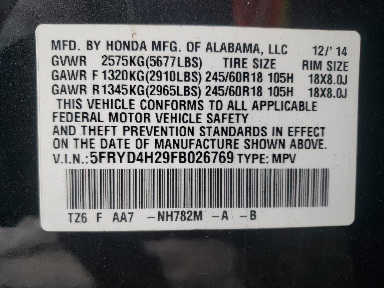 Photo 10 from auction – 2015 ACURA MDX with VIN 5FRYD4H29FB026769