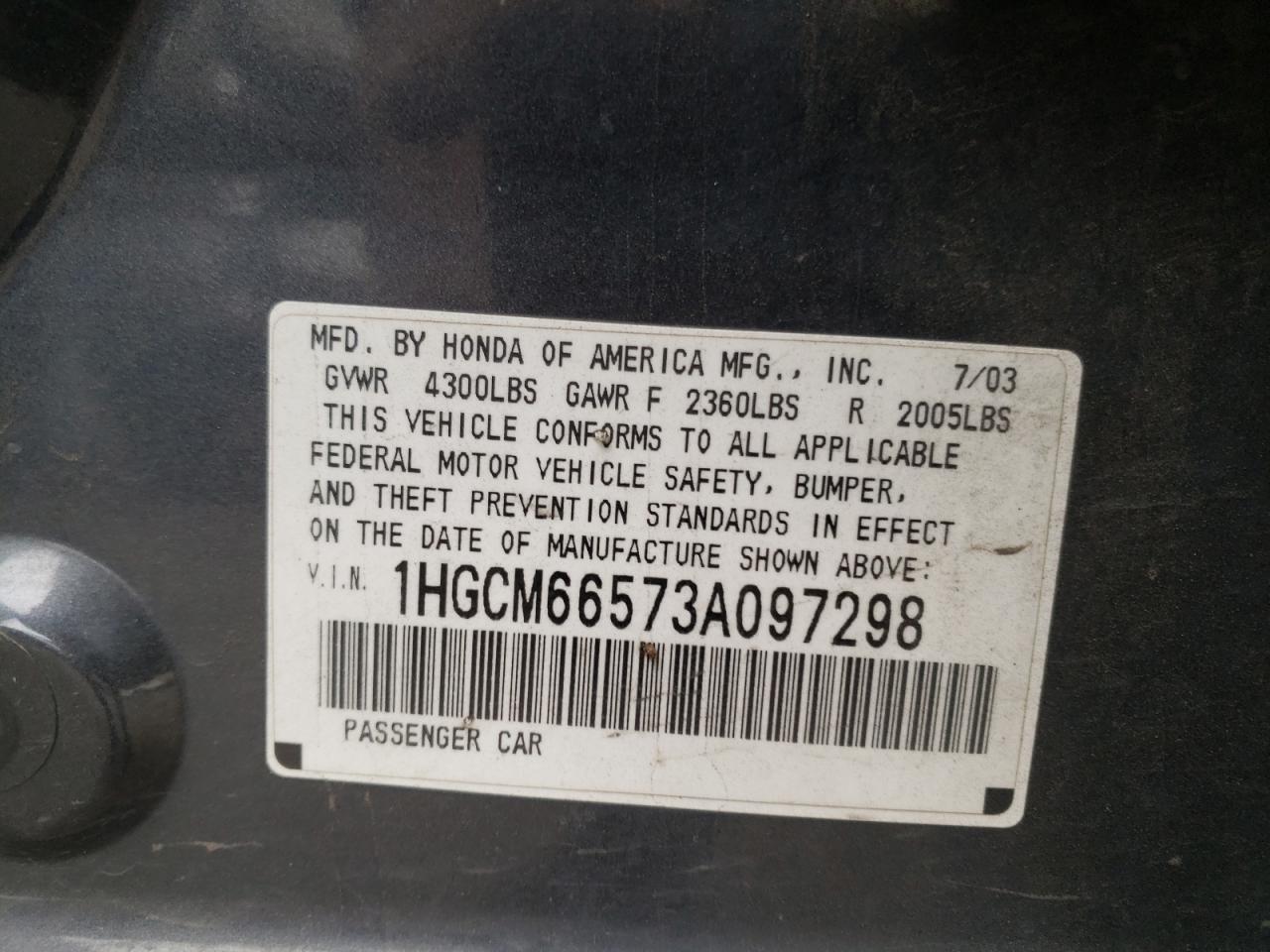 Photo 10 from auction – 2003 HONDA ACCORD with VIN 1HGCM66573A097298