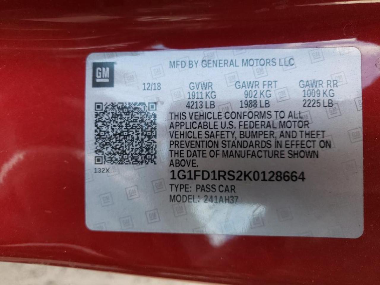 Photo 10 from auction – 2019 CHEVROLET CAMARO LT with VIN 1G1FD1RS2K0128664