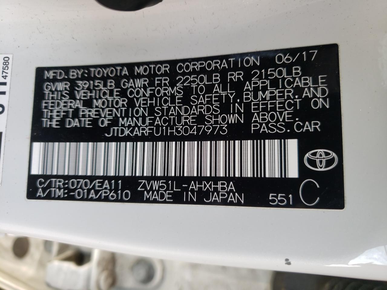 Photo 10 from auction – 2017 TOYOTA PRIUS with VIN JTDKARFU1H3047973