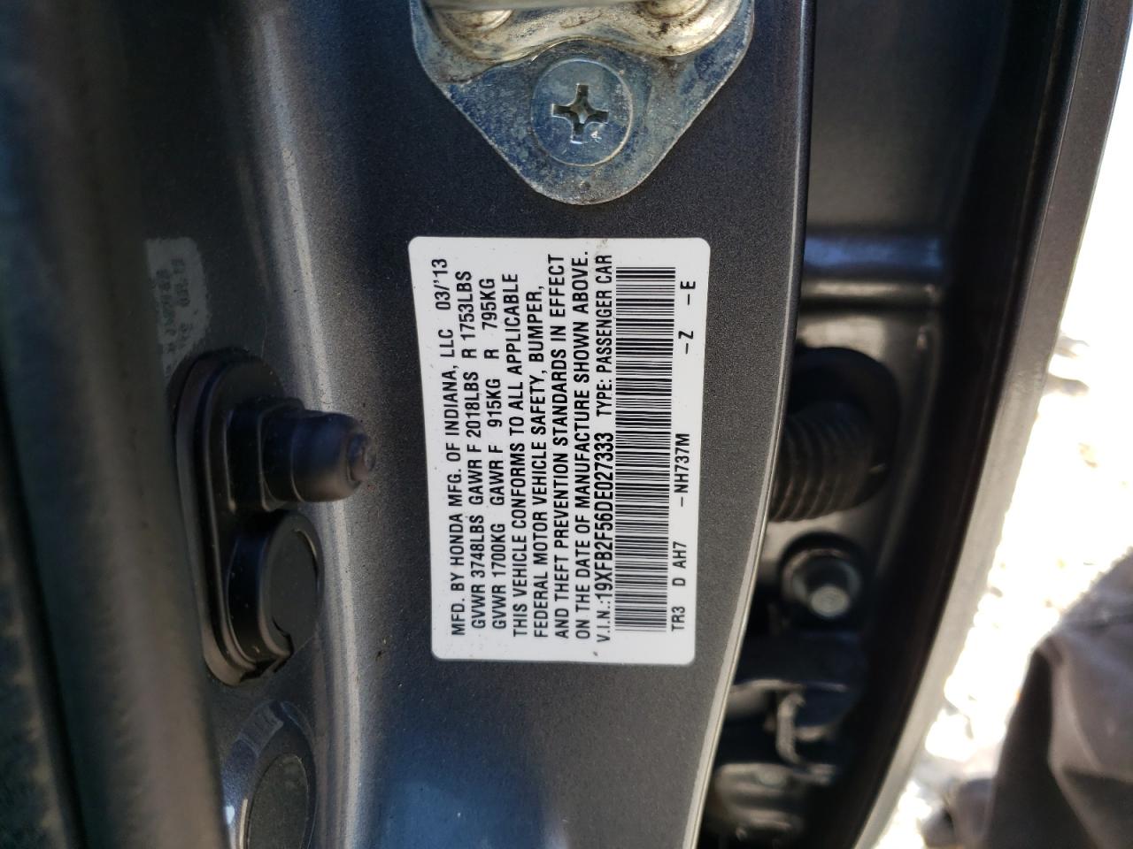 Photo 10 from auction – 2013 HONDA CIVIC LX with VIN 19XFB2F56DE027333