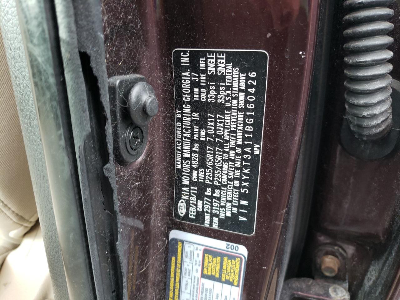 Photo 10 from auction – 2011 KIA SORENTO BA with VIN 5XYKT3A11BG160426