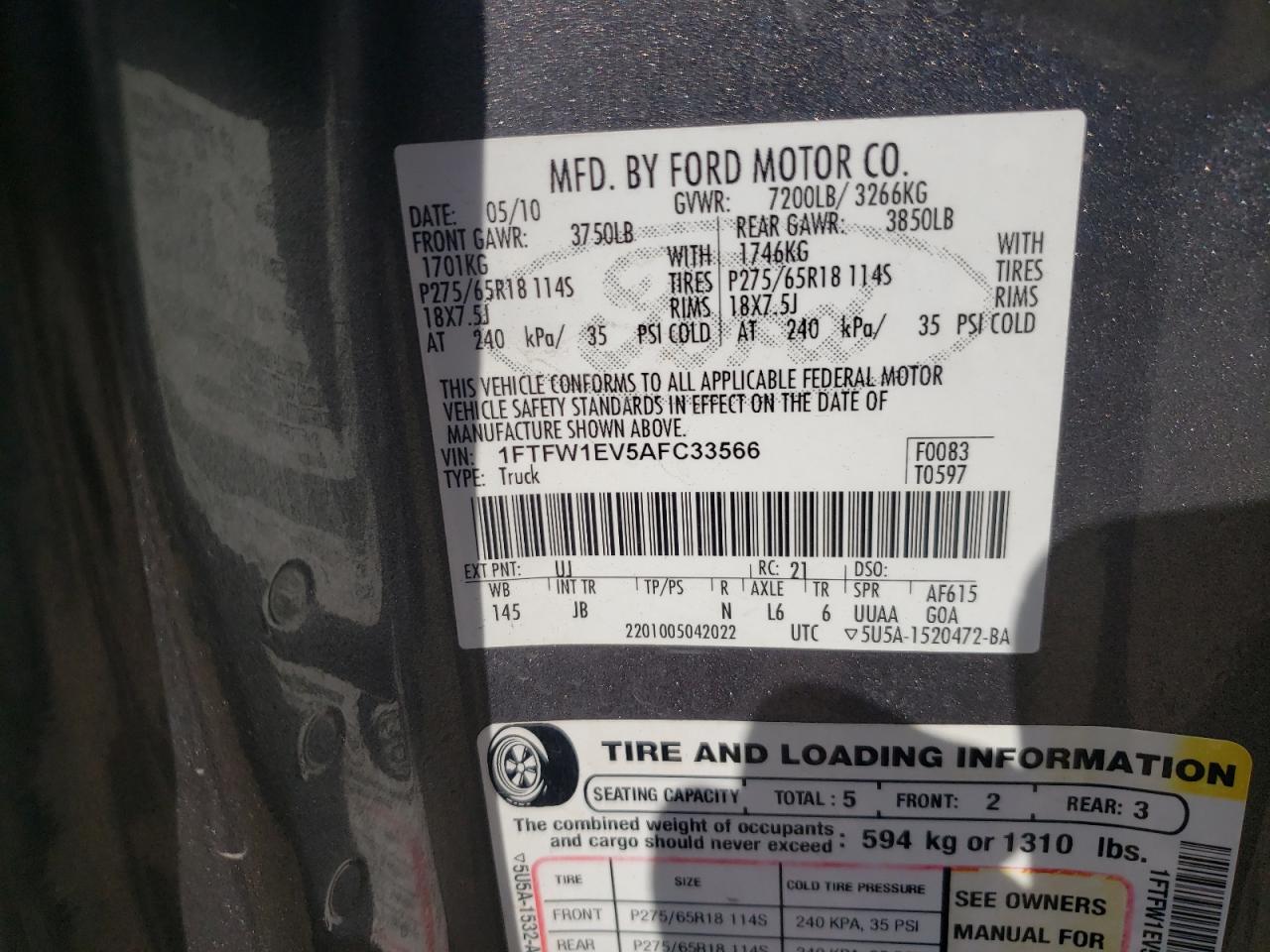 Photo 10 from auction – 2010 FORD F150 SUPER with VIN 1FTFW1EV5AFC33566