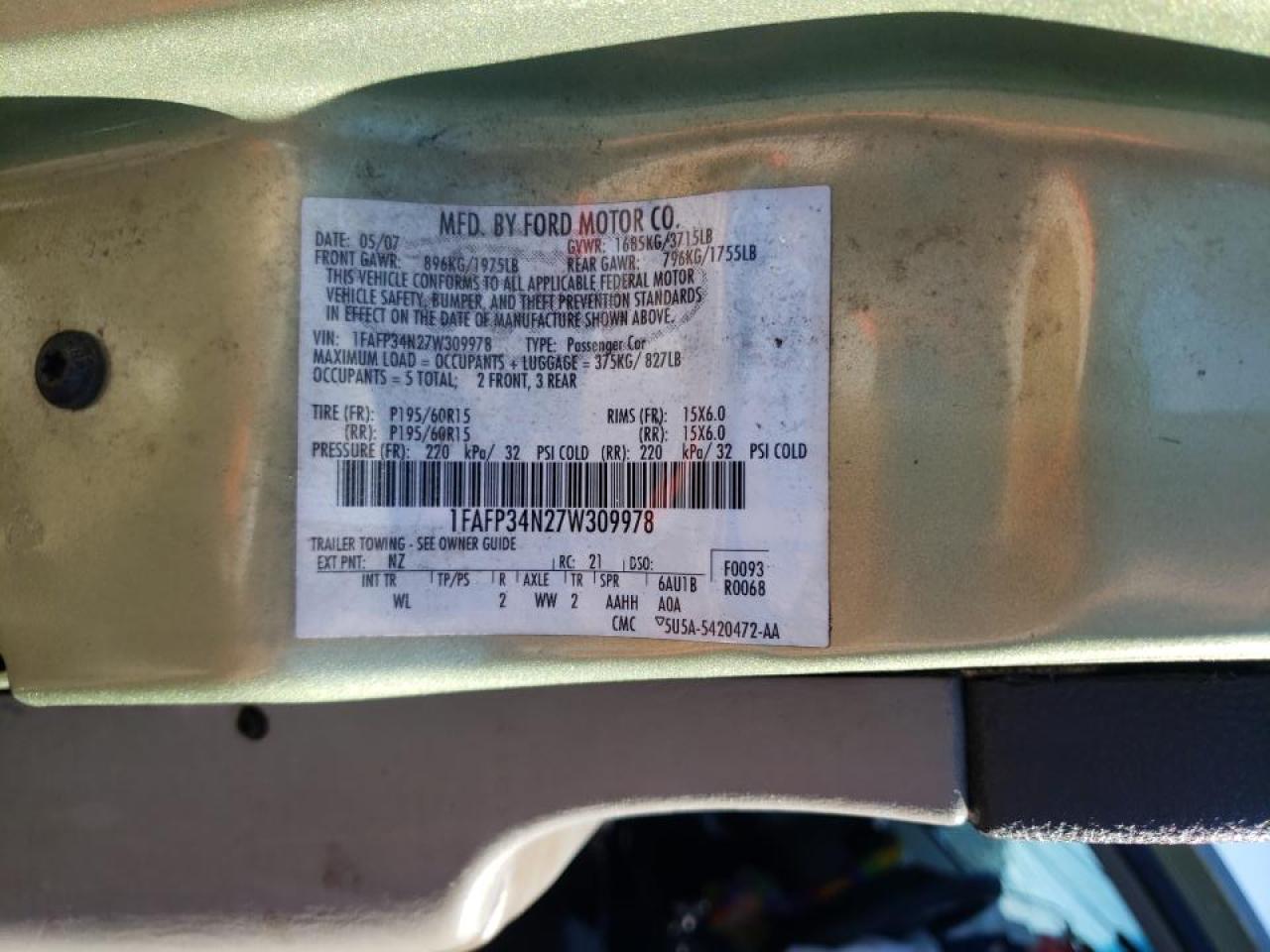 Photo 10 from auction – 2007 FORD FOCUS ZX4 with VIN 1FAFP34N27W309978