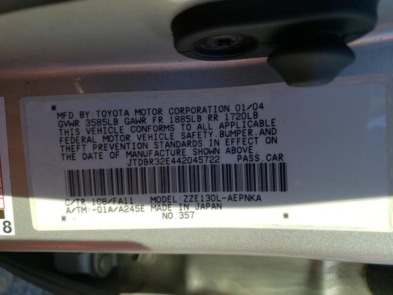 Photo 10 from auction – 2004 TOYOTA COROLLA CE with VIN JTDBR32E442045722