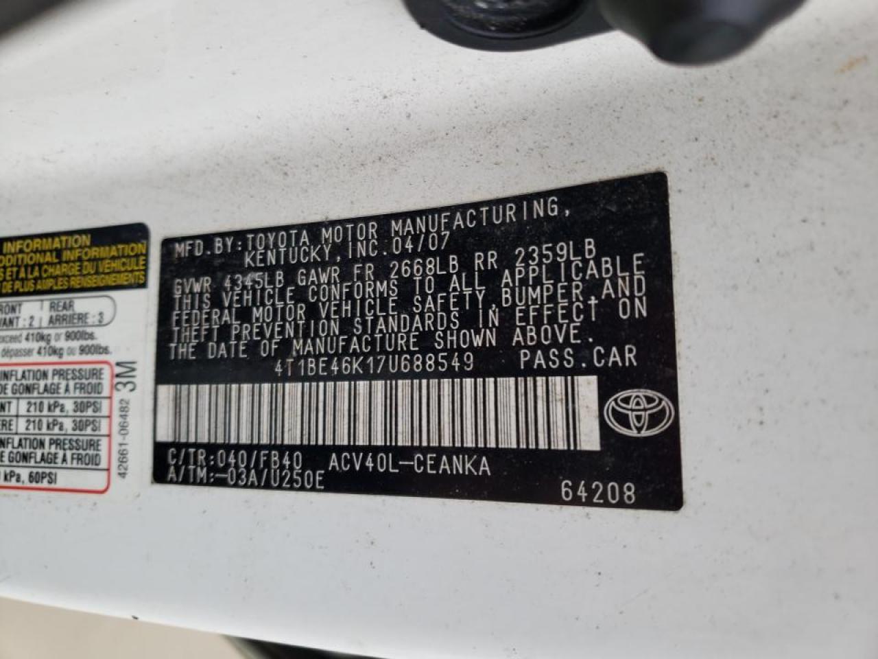 Photo 10 from auction – 2007 TOYOTA CAMRY with VIN 4T1BE46K17U688549