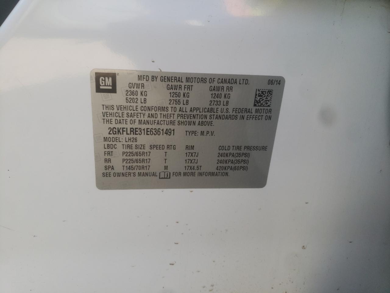 Photo 10 from auction – 2014 GMC TERRAIN SL with VIN 2GKFLRE31E6361491