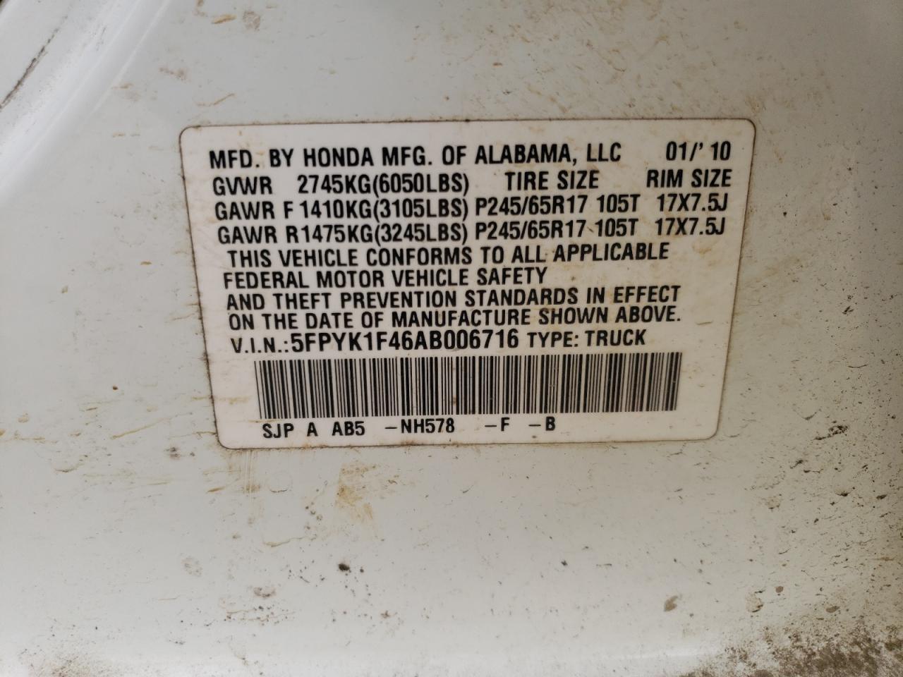 Photo 10 from auction – 2010 HONDA RIDGELINE with VIN 5FPYK1F46AB006716