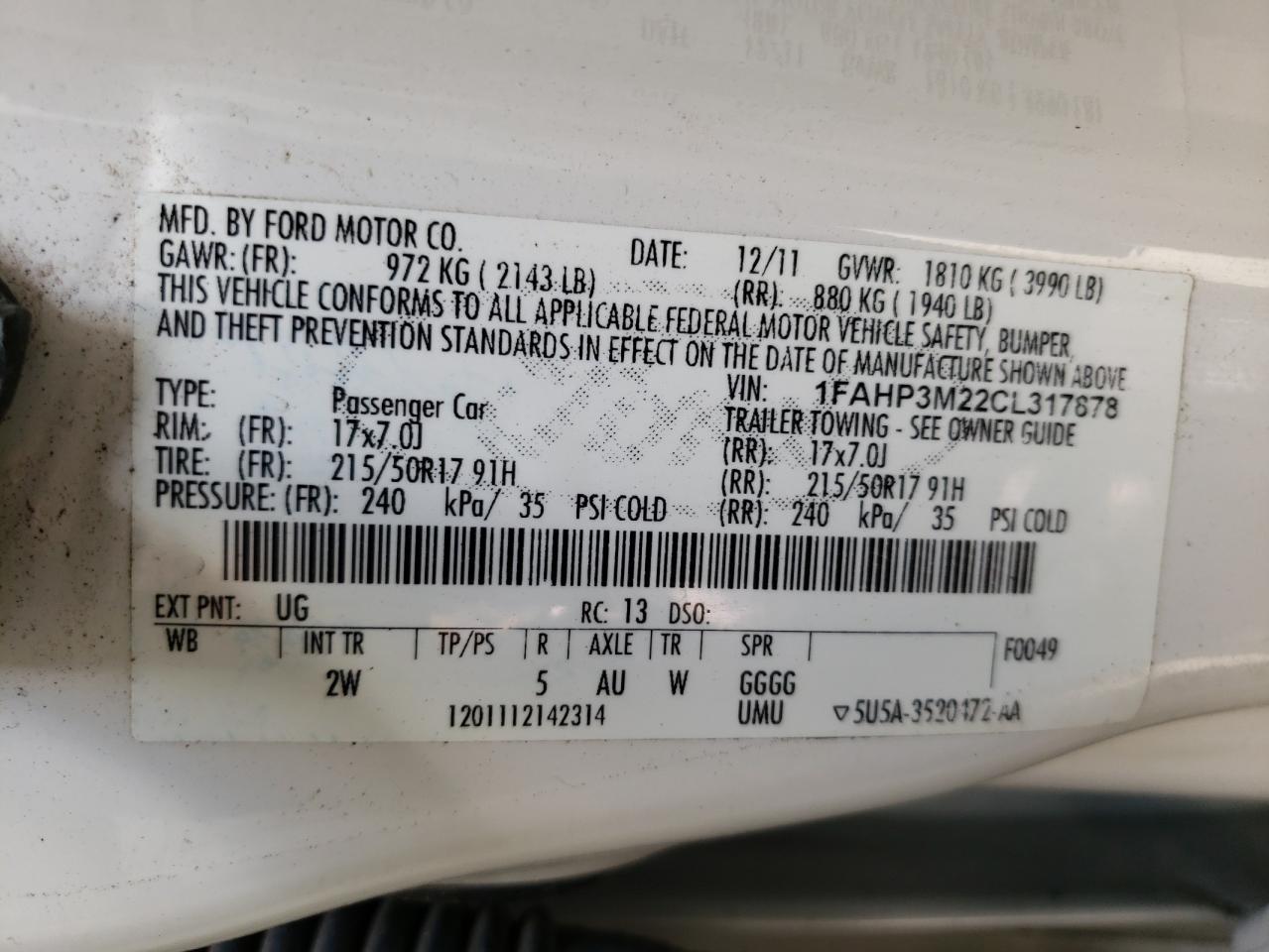 Photo 10 from auction – 2012 FORD FOCUS SEL with VIN 1FAHP3M22CL317878