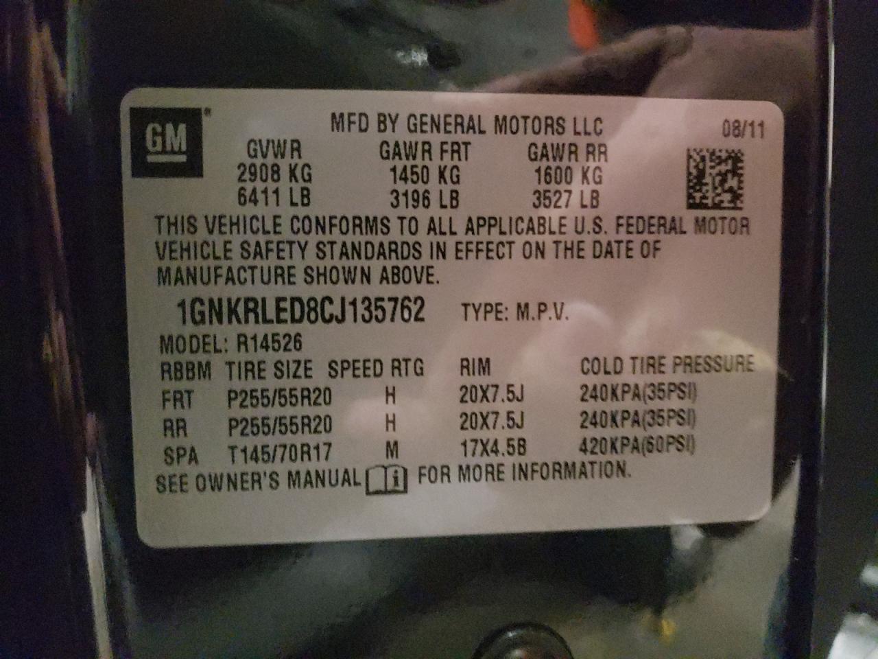 Photo 10 from auction – 2012 CHEVROLET TRAVERSE L with VIN 1GNKRLED8CJ135762