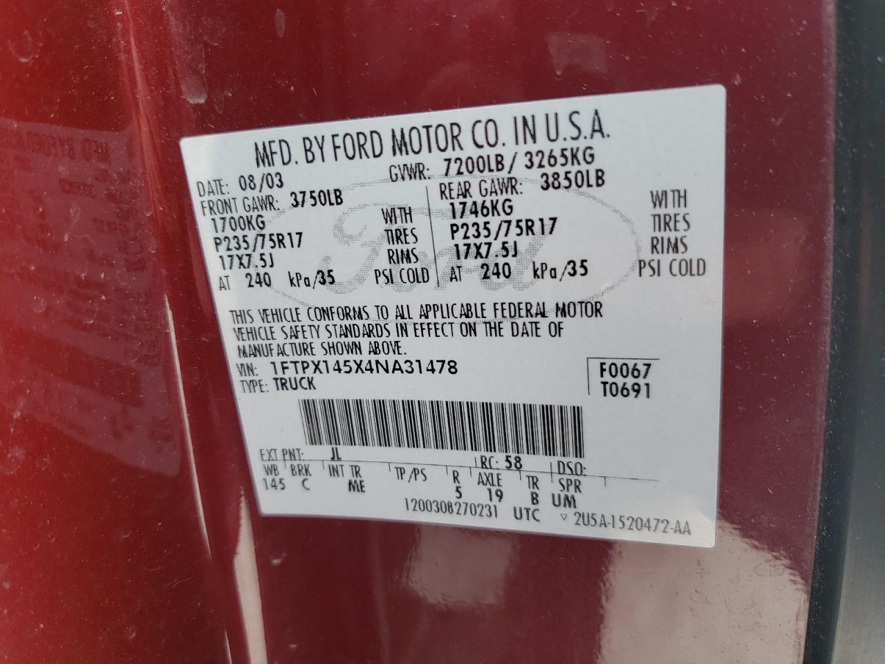 Photo 10 from auction – 2004 FORD F150 with VIN 1FTPX145X4NA31478