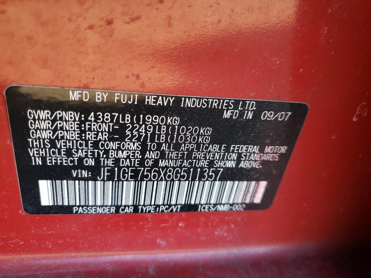 Photo 10 from auction – 2008 SUBARU IMPREZA WR with VIN JF1GE756X8G511357