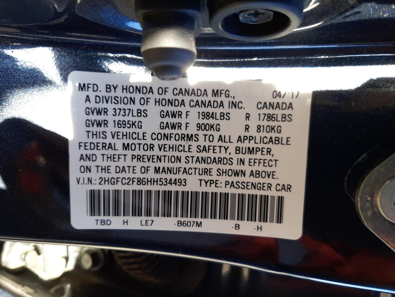 Photo 10 from auction – 2017 HONDA CIVIC EX with VIN 2HGFC2F86HH534493