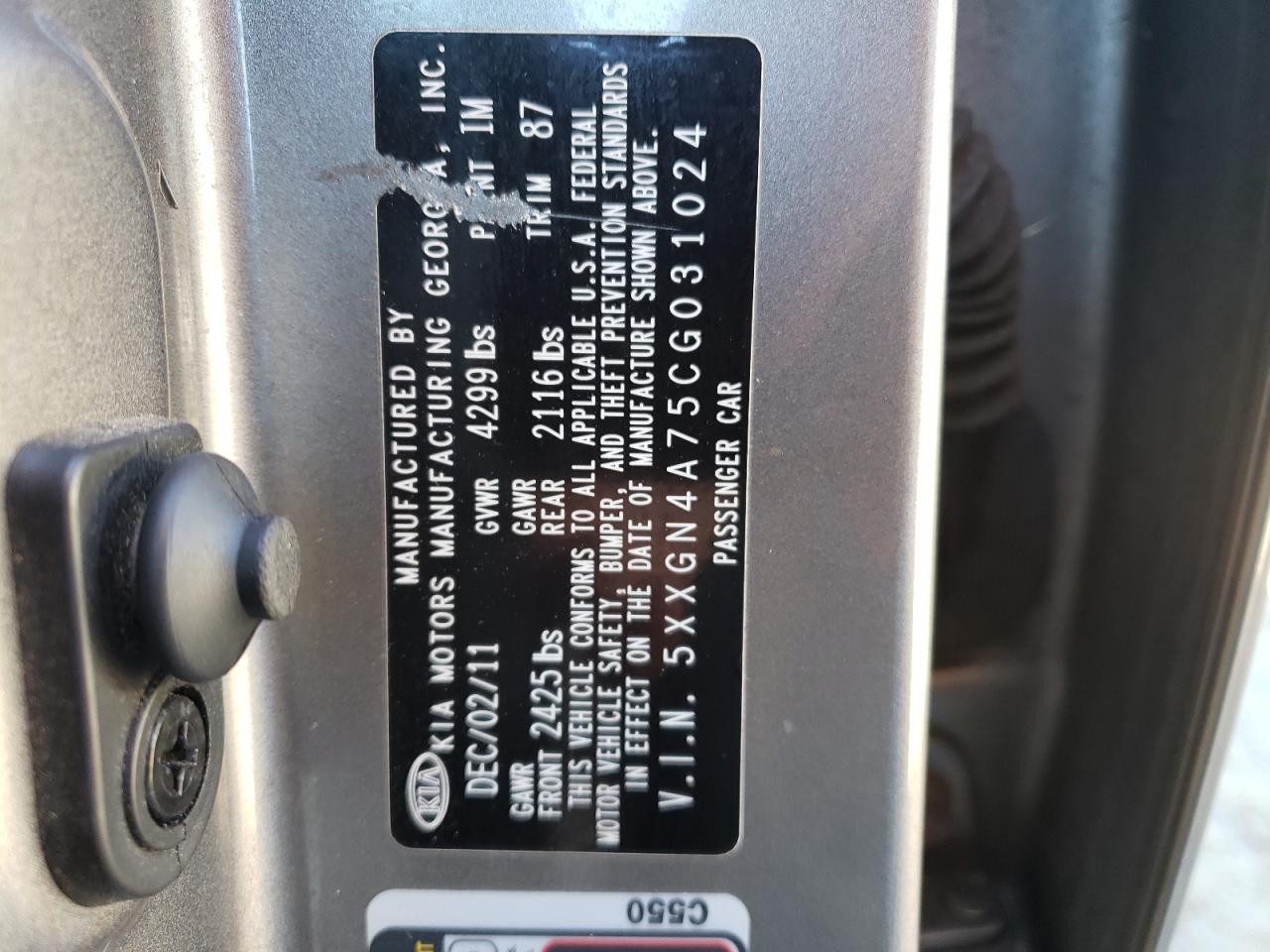 Photo 10 from auction – 2012 KIA OPTIMA EX with VIN 5XXGN4A75CG031024