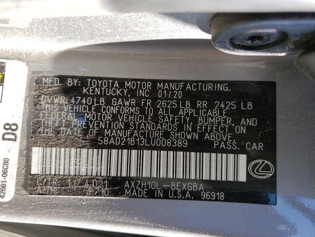 Photo 10 from auction – 2020 LEXUS ES 300H with VIN 58AD21B13LU008389