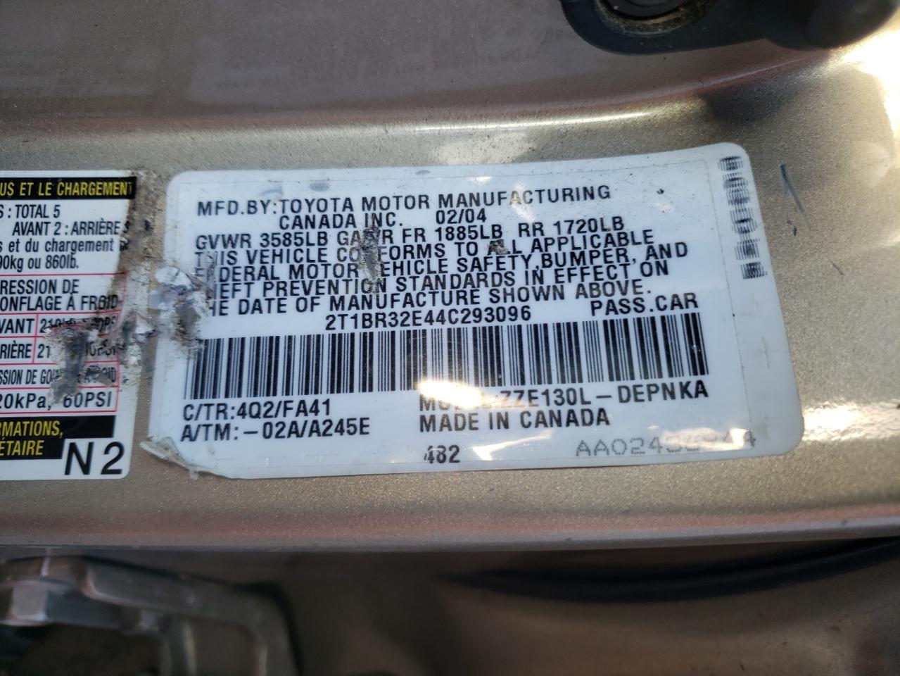 Photo 10 from auction – 2004 TOYOTA COROLLA with VIN 2T1BR32E44C293096