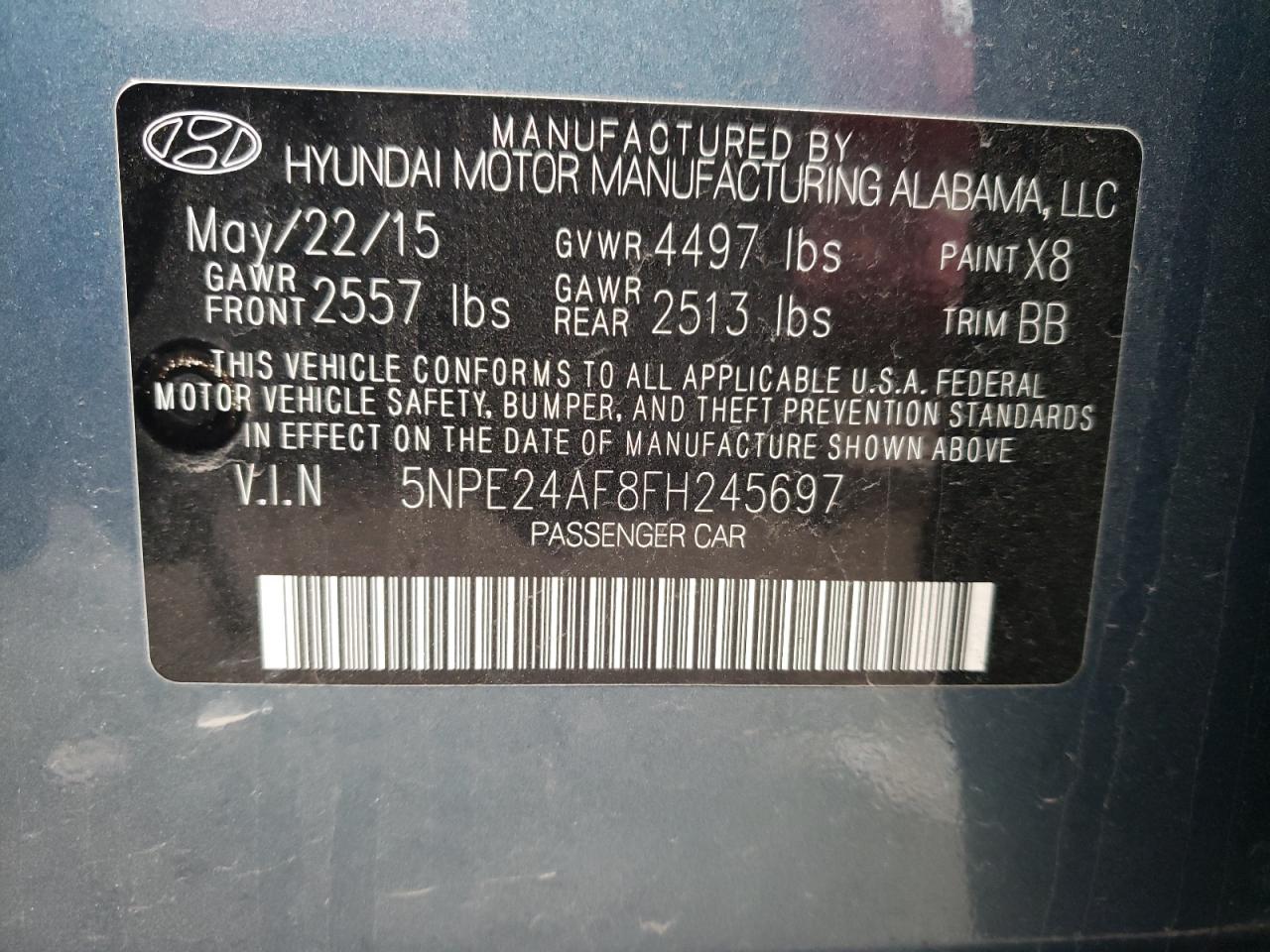 Photo 10 from auction – 2015 HYUNDAI SONATA SE with VIN 5NPE24AF8FH245697