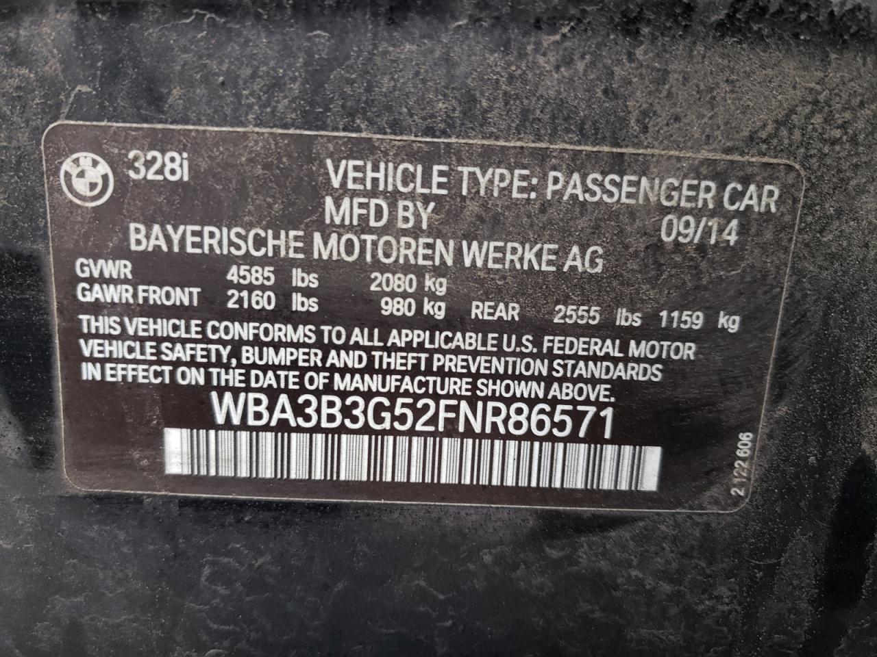 Photo 10 from auction – 2015 BMW 328 XI with VIN WBA3B3G52FNR86571