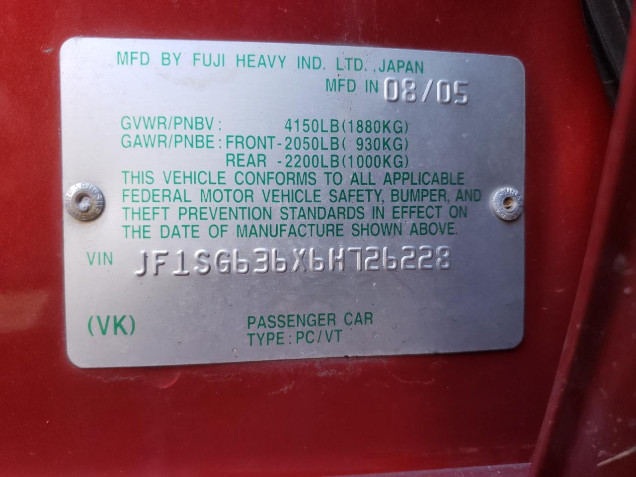 Photo 10 from auction – 2006 SUBARU FORESTER 2 with VIN JF1SG636X6H726228