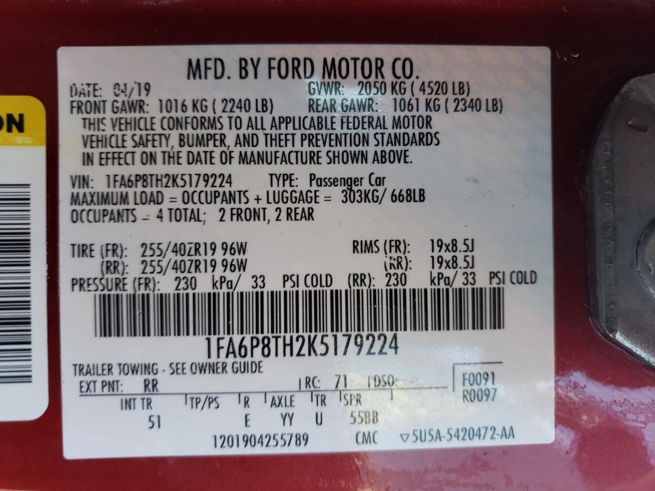 Photo 10 from auction – 2019 FORD MUSTANG with VIN 1FA6P8TH2K5179224