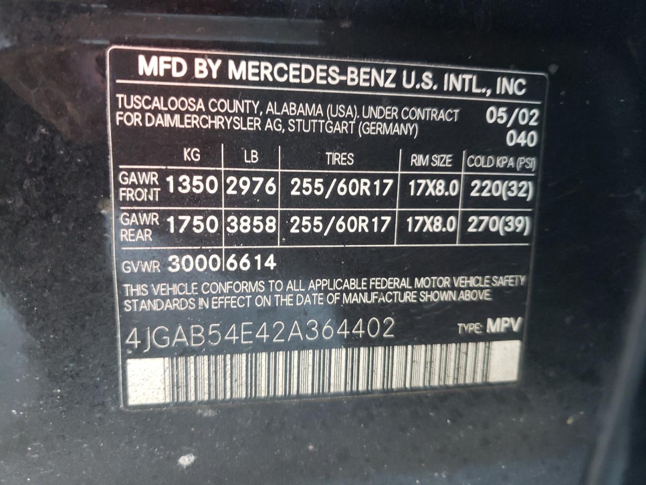 Photo 20 from auction – 2002 MERCEDES-BENZ ML 320 with VIN 4JGAB54E42A364402