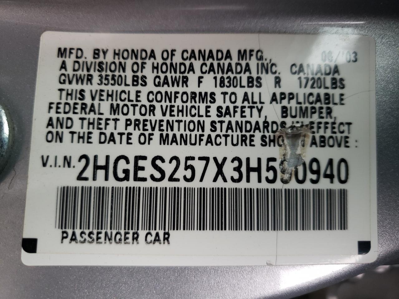 Photo 10 from auction – 2003 HONDA CIVIC EX with VIN 2HGES257X3H590940